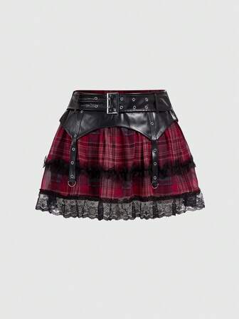 Grunge Punk Plus Size Y2K Punk Plaid PU Patchwork Mini Flared Skirt