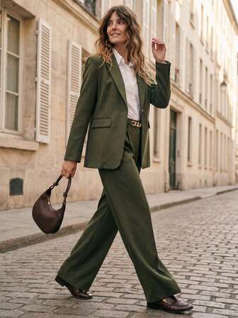 Écloséra 女士休闲通勤百搭绿色西装外套搭配阔腿直筒裤，绿色套装，春秋季