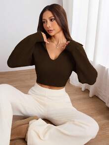 Flirla Women's Solid Color Turndown Collar Casual Versatile Long Sleeve Pullover Sweater - Coffee Brown - View 4