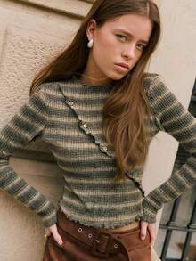 Nöista Casual Peplum Top With Diagonal Button Details And A Ruffled, Wavy Hem. Long Sleeves Make It Perfect For Early Spring Break Outfits Layering, Going Out, Parties, Or Elegant Outfits. - Grey - View 1