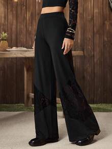 LanaWest Women's Western Party Black Knit Contrast Lace Wide Leg Pants, Suitable For Daily Wear - Black - View 4
