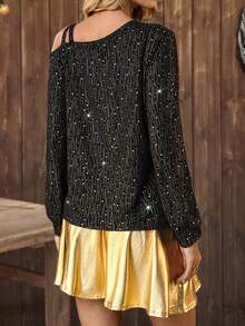 LanaWest Women's Western Casual Asymmetric Neckline Single Shoulder Strap Heavy Foil Star & Meteor Pattern Holiday New Year Party Wearable T-Shirt - Black - View 9