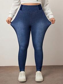 Enliva Plus Size Plain Color Block Casual Stretchy Knit Jeans Apple Bottom Jeans, For Apple Rounded Body Shape - Blue - View 4