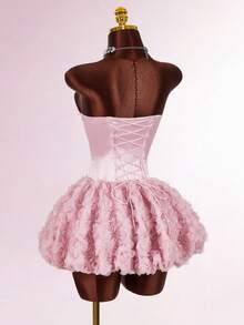 Amplova 女士新年及情人节派对粉色无肩带褶皱玫瑰花卉A字迷你公主裙，可拆卸透明肩带 - 粉色 - 查看 2