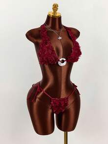Amplova 女士3D立体花卉泳衣套装，性感优雅，适合情人节，挂脖可调节比基尼套装，时尚百搭 - 酒紅色 - 查看 6