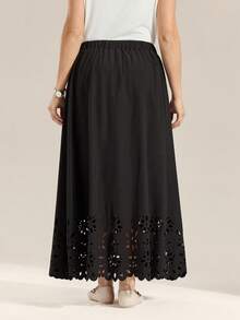 Momelise Plus Size Black A Line Maxi Skirt Casual Scallop Laser Cut Fabric Skirt Semi Sheer Plain - Black - View 3