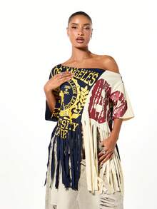 SUMWON WOMEN 露肩流苏针织短款T恤，饰有学院风印花和做旧细节，适合日常休闲穿着 - 彩色 - 查看 6