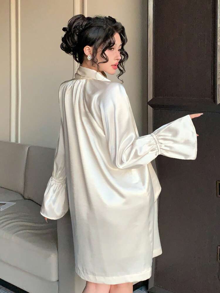 Elegant Solid Color Shirt Dress With Loose Tie Collar For Women