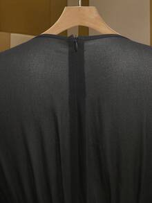 Franclia 女士优雅薄纱灯笼袖褶皱腰身迷你连衣裙，饰有金色纽扣 - 黑色 - 查看 4