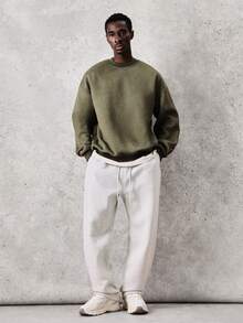 SUMWON 男士水洗橄榄绿圆领卫衣，白色标签细节，冬季休闲套头衫 - 綠色 - 查看 7