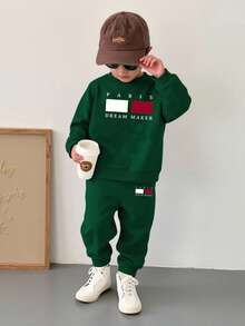 2pcs Boys Graphic Tees Casual Comfortable Sweatshirt Set, Letter Print Tops, Long Sleeve Sweatshirt And Sweatpants Outfit, Autumn/Winter - Black - View 6