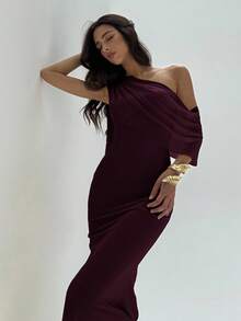 Aloruh Women's Elegant Chic Minimalist Solid Color Asymmetrical Neck Fitted Dress, Suitable For Party And Banquet One Shoulder Formal Dress - Maroon - View 7