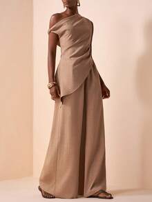 Zivah 新款春夏休闲优雅通勤卡其色亚麻上衣，单肩荷叶边不对称下摆，搭配高腰阔腿裤，女士两件套，适合日常穿着、约会、情人节、派对、婚礼宾客、机场穿搭、早午餐、旅行、度假、波西米亚风、节日和通勤等场合。 - 卡其色 - 查看 4