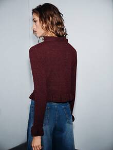 SHEIN Luminelle Layered Ruffled Knit Cardigan, Stylish, Sweet, Versatile Pullover Sweater, Burgundy, Perfect For Holiday, Commuting, Vacation, New Year, Christmas, And Winter – Elegant. - Burgundy - View 2