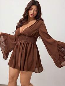Enliva 加大码 V 领褶皱腰 A 字形连衣裙，喇叭袖，波西米亚风、嬉皮风、Y2K 风格，适合夏季、游牧风、暑假、音乐节、毕业典礼和返校季 - 棕色 - 查看 6