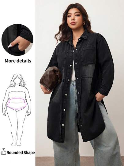 Enliva Women's Plus Size Solid Color Simple Daily Long Sleeve Denim Jacket, Fall Women Clothes, For Apple Rounded Body Shape