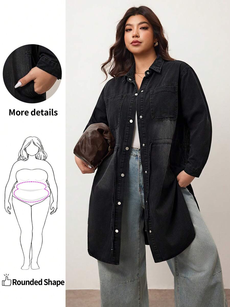 Enliva Áo khoác denim dài tay cỡ lớn dành cho nữ màu trơn đơn giản hàng ngày - màu đen - Xem 1