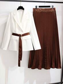 Franclia Women's Elegant Casual Contrast Color Pleated Satin Skirt Suit Blazer Skirt Set Pleated Skirt Set Blazer Set Women 2 Pieces Sets Woman Skirt - Brown - View 6