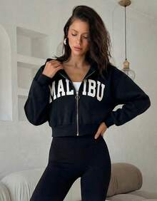 Sudadera Corta para Mujer  con Cierre – Estilo Casual Urbano, Tela Suave y Cómoda, Disponible en Múltiples Colores - Negro - Ver 2