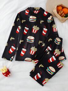 Teen Boys Pajamas-2 Pieces Pajama Set Black Fast Food Print Collared Long Sleeve Long Pants Button Up Lounge Sleepwear Playful Burger Fries Soda Pattern Casual Home Relax Travel Gift All Season 2026 Holiday Essential - Multicolor - View 2