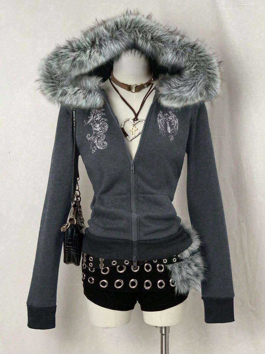 EgrlEra Women's Fur Collar Sweatshirt, Coffee Brown Printed Long Sleeve Sweatshirt - Dark Grey - View 1