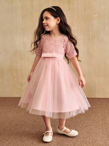 SHEIN Blumen Kleine Mädchen Partykleid, Geburtstag, Hochzeit, Kleine Mädchen rosa Jacquard Blumen elegantes Kleid, Rundhals Midi Tüllkleid für formelle Anlässe, Bühnenauftritte, Klavierrezitale, Veranstaltungen und Fotoshootings, um es natürlicher und schöner zu machen - Pink - Übersicht 5