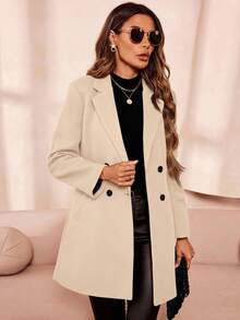 SHEIN Clasi Women's Double Breasted Woolen Coat In Fall/Winter - Beige - View 4