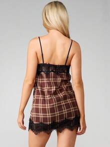 MISSGUIDED Plaid Checked Mini Dress With Black Lace Trim Spaghetti Strap Fall Winter Casual Party Outfit - Khaki - View 2