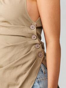 MISSGUIDED Asymmetric One Shoulder Ruched Tank Top With Button Details For Women Fall Winter Casual Versatile Style - Grey - View 6