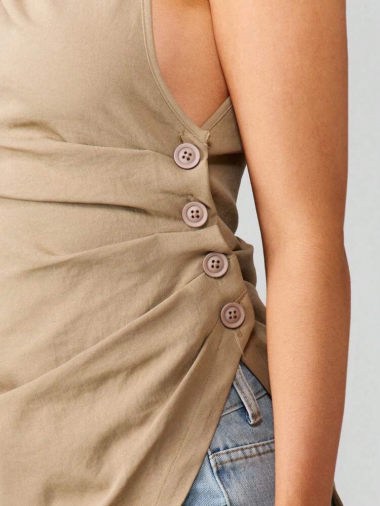 MISSGUIDED Asymmetric One Shoulder Ruched Tank Top With Button Details For Women Fall Winter Casual Versatile Style
