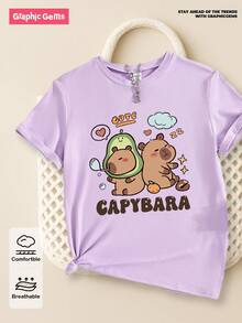 Sparklyn Camiseta de cuello redondo de manga corta con estampado de dibujos animados de capibara linda en color morado para niña preadolescente, verano - Morado - Ver 7