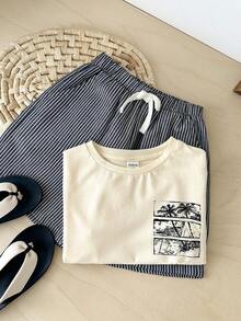 SHEIN LMoss Kids 2pcs/Set Boys Casual Graphic Tee And Striped Elastic Waist Shorts Set, Suitable For Birthday Party, Party, Performance, Wedding, Baptism, Back To School, Daily Wear, School, Travel, Sports, Spring And Summer - Khaki - View 1