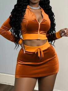 INAWLY Conjunto casual de chaqueta con cremallera de manga larga y unicolor, y minifalda para mujer - Naranja - Ver 2