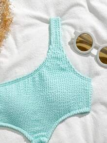 SHEIN 少女纯色单肩戒指装饰度假沙滩连体泳衣 - 薄荷藍 - 查看 6