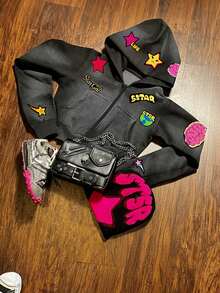 INAWLY Women's Letter & Pentagram Print Long Sleeve Zip Front Pocket Sweatshirt - Black - View 1