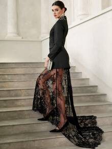 Elenzga Czarna, modna, nowa sukienka bankietowa, elegancka, kontrastowa koronkowa sukienka z trenem - Czarne - Zobacz 7