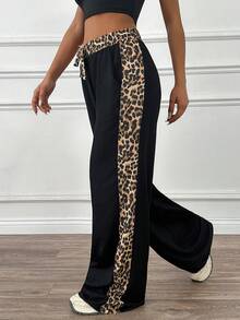 Cloudara Women's Leopard Print Patchwork Tie Waist Loose Wide Leg Casual Pants - Black - View 4