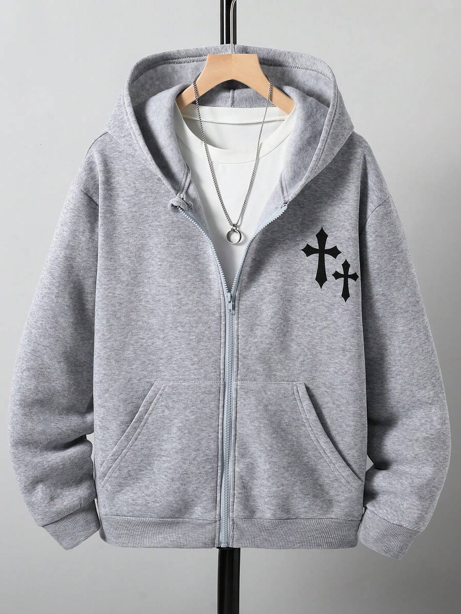 Teen Boy All-Match Graphic Print Versatile Hooded Zip-Up Sweatshirt - رمادي - مشاهدة 1
