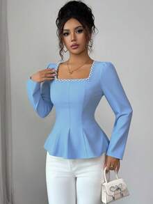 Elenzga 女式纯色方领珍珠装饰腰部收紧长袖衬衫，秋季 - 淺藍色 - 查看 4