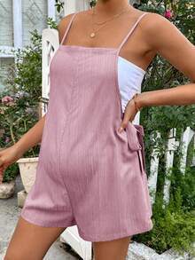 SHEIN Maternity Solid Color Knotted Waist Decor Casual Versatile Daily Wear Romper - Pink - View 4