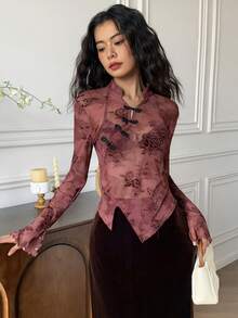 EastFlair Women's Elegant Floral Print Asymmetric Hem Long Sleeve Blouse With Button Cuffs, Autumn - Black - View 4