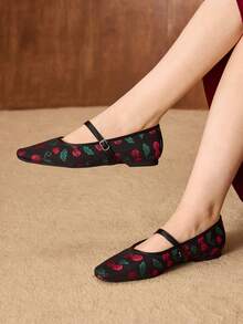 MOTF PREMIUM WOMEN CHERRY JACQUARD SQUARE TOE FLATS VALENTINE'S DAY - Black - View 5