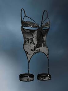 Bowknot Strap Sexy Alluring Hollow-Out Floral Lace Sheer Lingerie For Women - Black - View 4