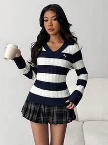SHEIN 少女条纹V领学院风撞色针织修身舒适套头衫