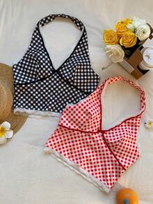 Comfortcana Women's Red And White Plaid Halter Neck Top,Summer Cottage Core Vacation Beach Casual Plaid Print Tops,Fashionable Christmas New Year Party Top - Multicolor - View 3