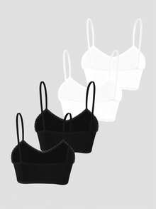 Tween Girls Bras And Bralettes-Bralette Set 4 Pieces Lace Trim Spaghetti Strap Wireless Soft Comfort Lightweight Breathable Seamless Adjustable Sleepwear Crop Top Everyday Layering Black White Pack Four Season 2026 New Year Holiday Essential Youth Innerwear Cute Minimalist - Black and White - View 2