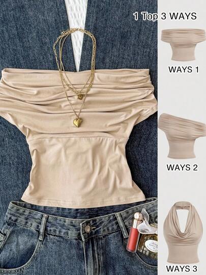 少女百搭纯色修身衬衫，夏季休闲装，高领露肩设计，优雅迷人，适合度假、乡村风、海滩度假、下午茶等各种场合，尽显端庄气质，既可作舞会上衣，也可作可爱衬衫。