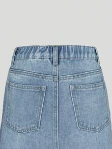 少女牛仔裤，夏季新品，中蓝色，休闲舒适，爱心刺绣，修身款式，柔软棉质牛仔布，适合日常穿着，少女牛仔裙 - 中等水洗藍 - 查看 5