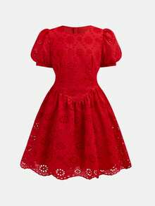SHEIN 优雅红色花瓣袖A字连衣裙，适合大龄儿童，春夏款，刺绣装饰，适合家庭聚会、节日和日常穿着。 - 紅色 - 查看 2