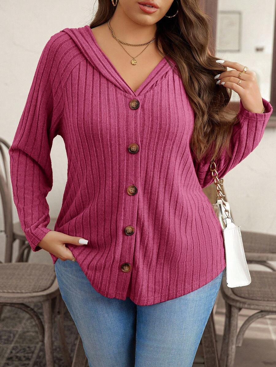 SHEIN LUNE Cárdigan con capucha acanalado de unicolor para mujer de talla grande - Rosa Fucsia - Ver 1